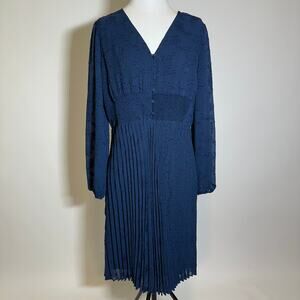 NWT Nanette Lepore Navy Blue Long Sleeve Bella Dobby Dress Pleats Womens Size 12
